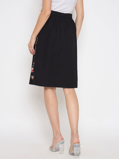 Madame Floral Embroidered Black Cotton Mini Skirt