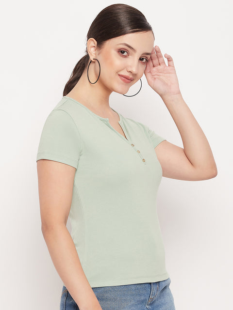 Madame Green Deep V Neck Fitted Cotton T-shirt