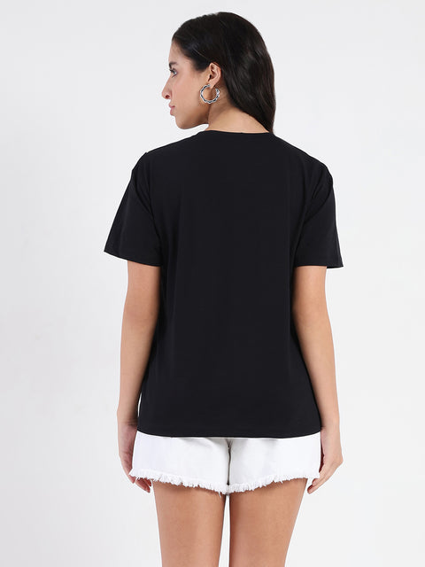 Madame Cord Detailed Solid Black Cotton T-shirt