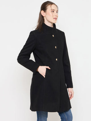 Madame Black Long Coat with Stand Collar and Buttons