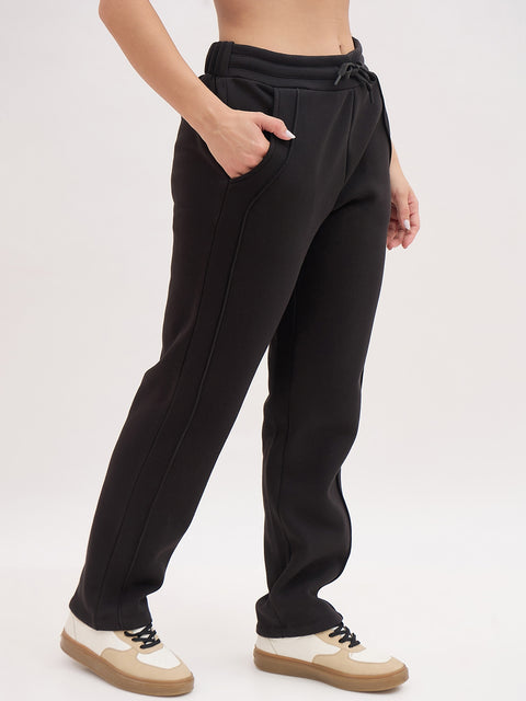 Madame Black Cotton Track Pants with Drawstring
