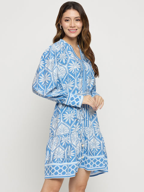 Madame Blue Printed Rayon Mandarin Collar Midi Dress
