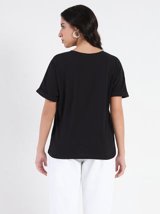 Madame Embroidery Cutwork Detail Solid Black Cotton T-shirt
