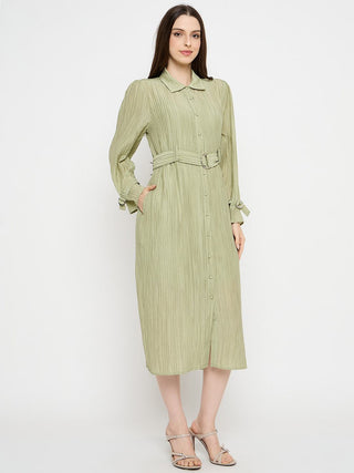 Madame Crushed Tissue Belted Moss Green Shirt Dress