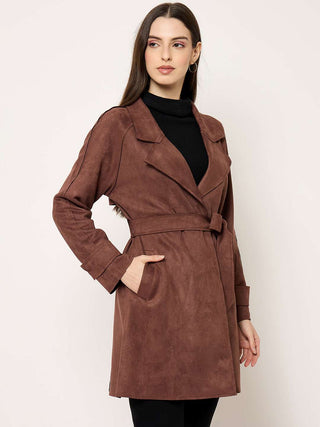 Madame Brown Trench Coat with Notch Lapel Neckline and Belt