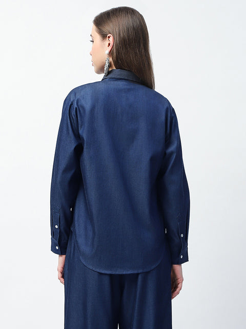 Madame Dori Embroidered Navy Blue Cotton Blend Shirt