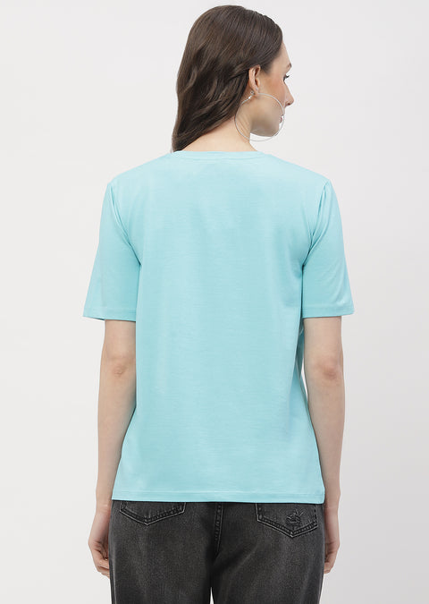 Madame Graphic Print Aqua Blue Regular T- Shirt