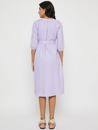 Madame Embroidered Belted A Line Midi Mauve Dress