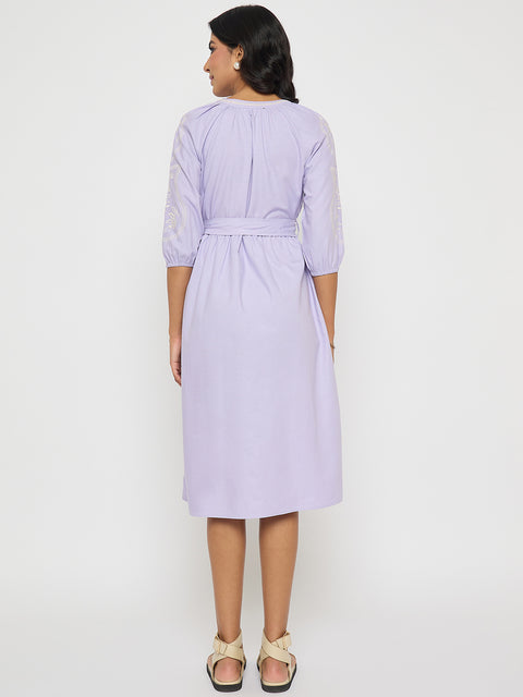 Madame Embroidered Belted A Line Midi Mauve Dress