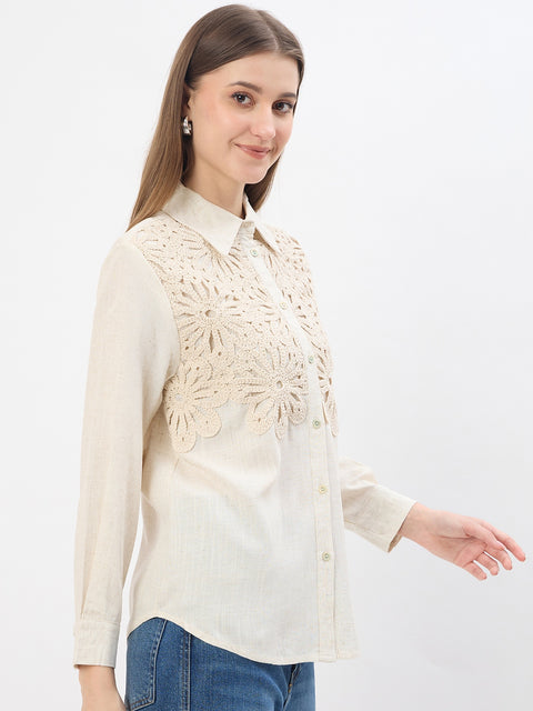 Madame Embroidery Patchwork Beige Viscose Shirt