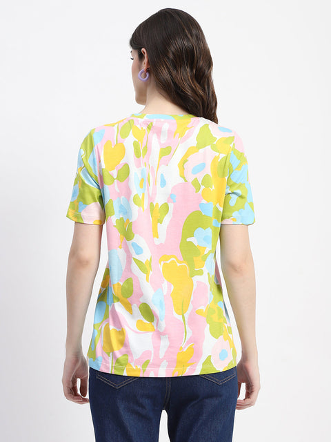 Madame Abstract And Typography Print White Cotton T-Shirt