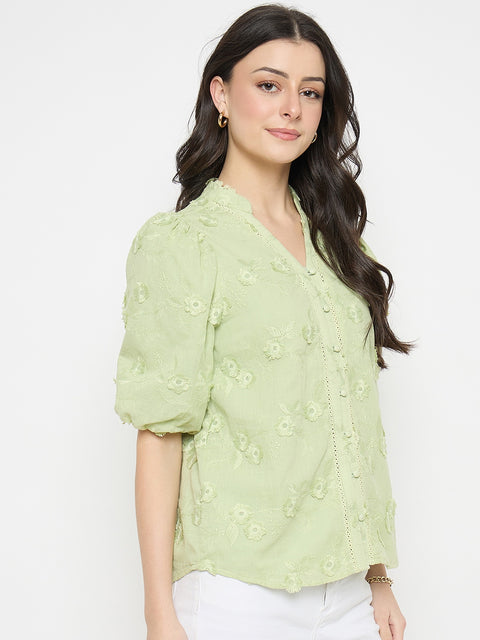 Madame Apple Green Cotton Mandarin Collar Top