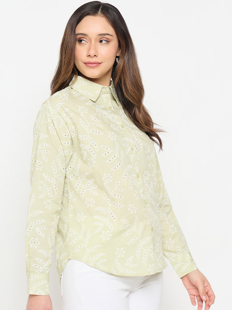 Madame Embroidered Green Cotton Shirt