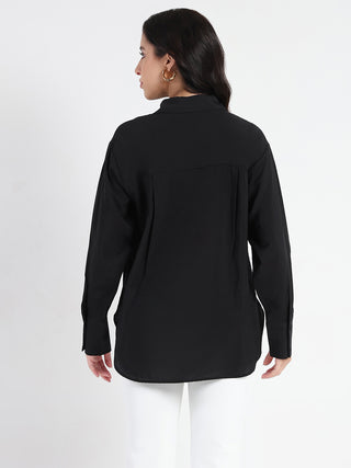 Madame Crushed Tissue Embroidered Black Shirt