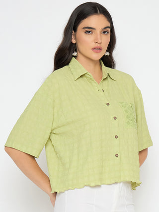Madame Textured Pocketed Light Green Shirt