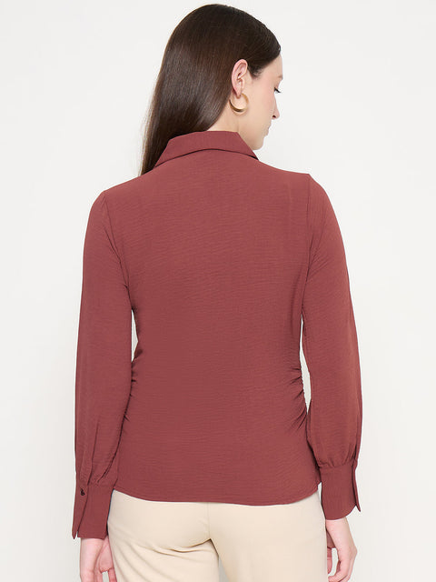 Madame Button Down Wing Necked Side Ruched Solid Brown Shirt