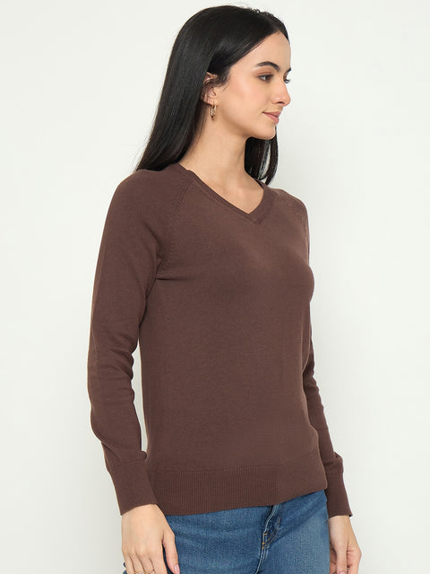 Madame V Neck Coffee Brown Solid Sweater