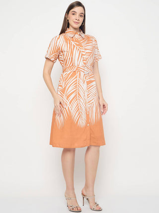 Madame Botanical Print Cotton Blend Orange Shirt Dress
