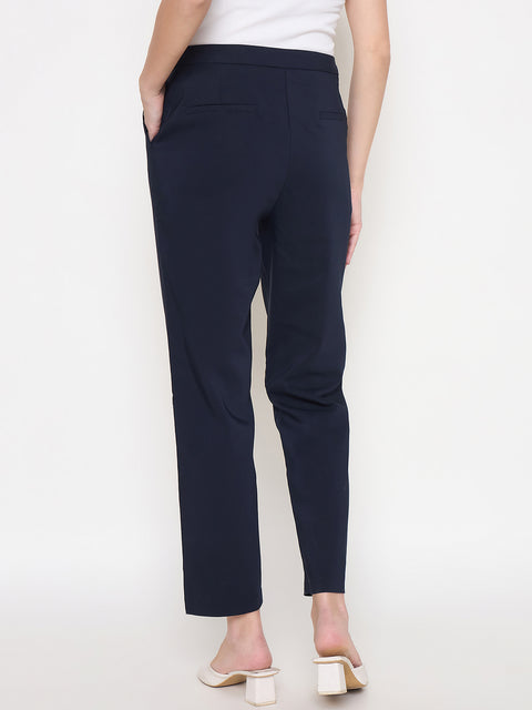 Madame Alex Waist Belt Detail Solid Navy Blue Trousers