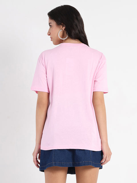 Madame Swarovski Detailed Graphic Print Pink Cotton T-shirt