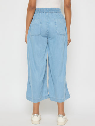 Madame Pintuck Detailed Cotton Blend Light Blue Wide Leg Jeans