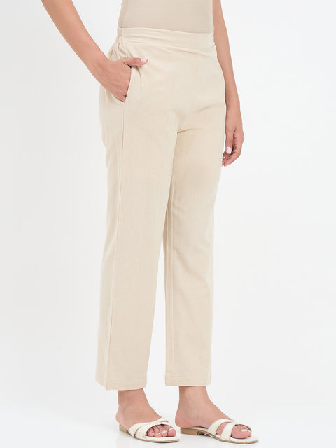 Madame Beige Cotton Straight Fit Trousers