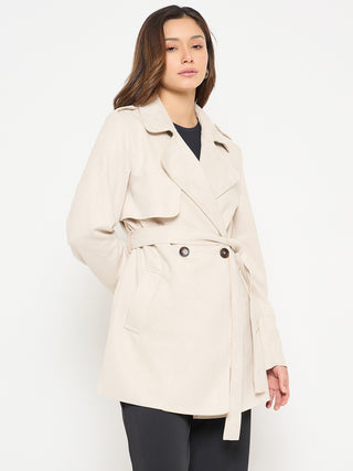 Madame Lapel Notch Collar Off White Long Coat with Belt and Buttons
