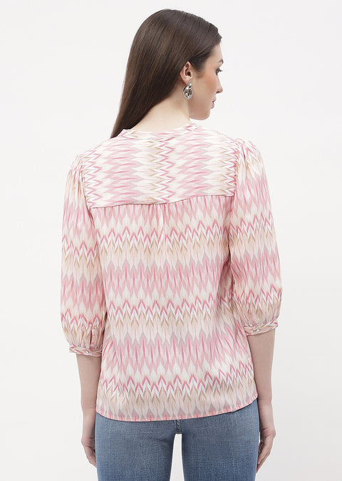 Madame Mandarin Collar Peach Abstract Print Top