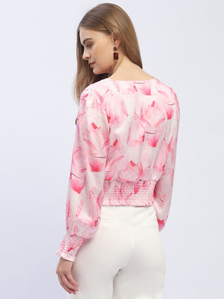 Madame V-Neck Pink Cinched Waist Crop Top