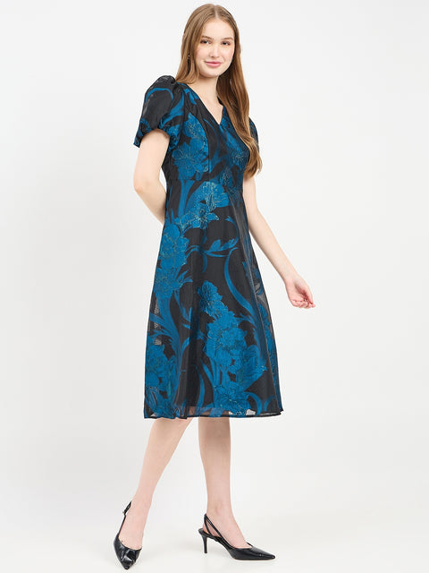 Madame Textured Teal Flared Dress