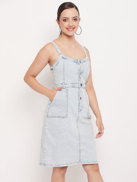 Madame Light Blue Denim Sleeveless Shift Dress