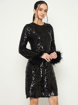 Madame Black Shimmery Midi Dress with Fur Flared Sleeves