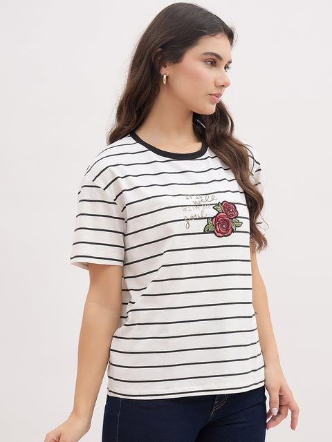 Madame Off White Striped with Print Half Sleeve T-Shirt