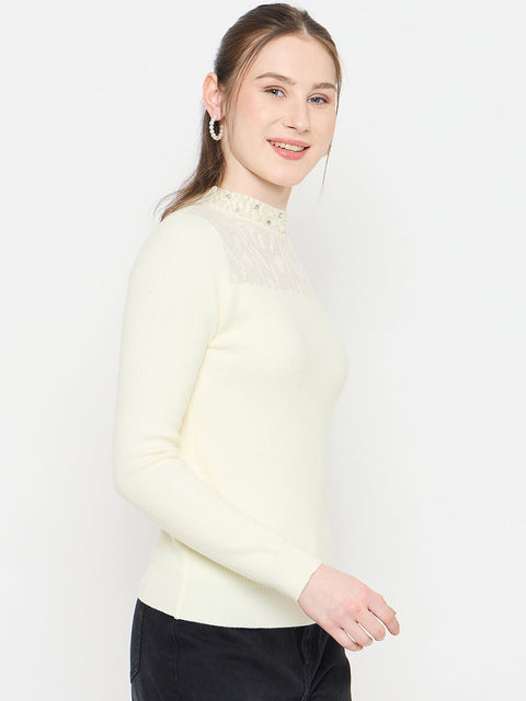 Madame Mock Neck Embellished Off White Sweater