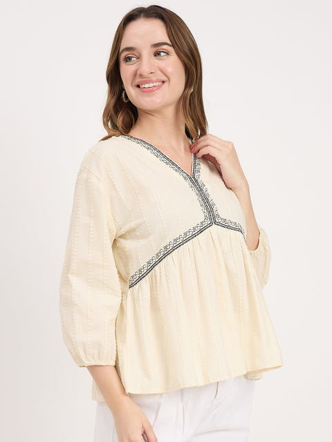 Madame Off White Cotton Lace Detail V-Neck Puff Sleeve Top