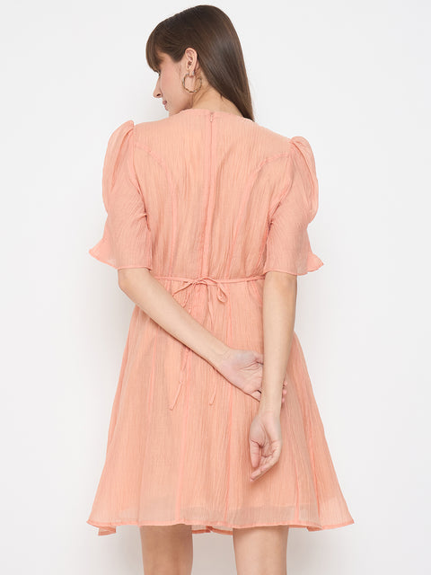 Madame Textured Belted Peach Mini A Line Dress