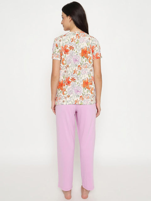mSECRET Botanical Print Top and Solid Bottoms Lavender Night Suit