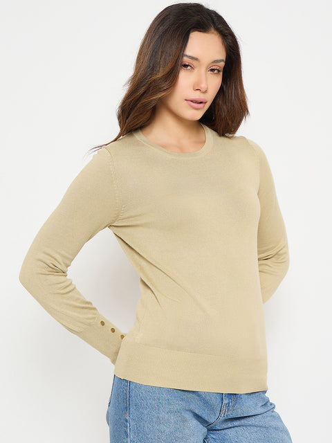 Madame Beige Solid Sweater with Cuff Sleeves