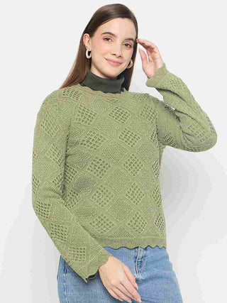 Madame Textured Scalloped Hem Green Knitted Top
