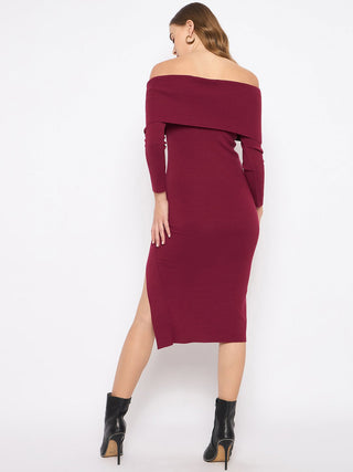 Madame Off Shoulder Wine Red Knit Midi Dress