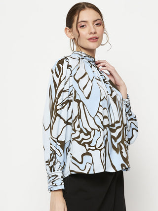 Madame Embellished Butterfly Print Sky Blue Mock Neck Top