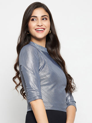 Madame Shimmering Asymmetrical Seam Detail Grey Top