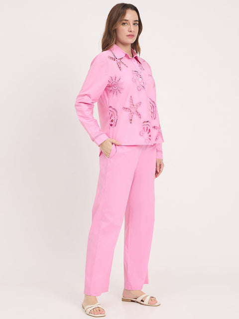 Madame Pink Cotton Round Neck Co-ord Set Top