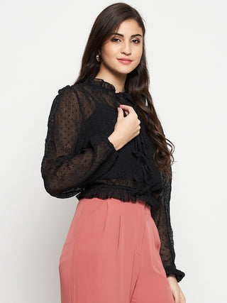 Madame Textured Swiss Dot Detail Black Peplum Top