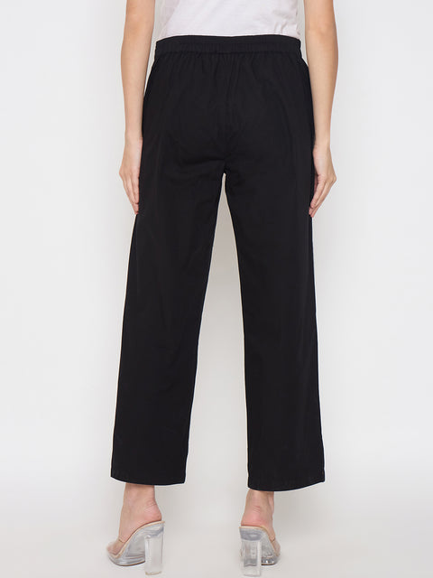 Madame Floral Embroidery Wide Leg Black Cotton Trousers