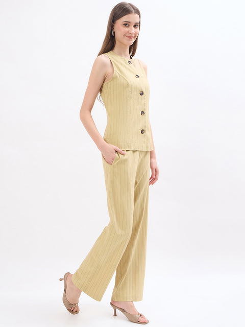 Madame Beige Rayon Blend Striped Formal Co-ord Set