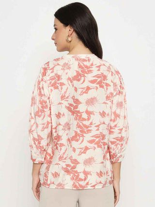 Madame Botanical Print Coral Rayon Blend Top