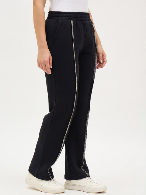 Madame Black Fleece Track Pants With Contrast Stitch