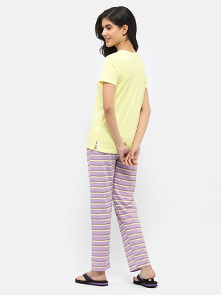 Msecret Typography T-Shirt With Striped Pajama Lime Green Nightsuit