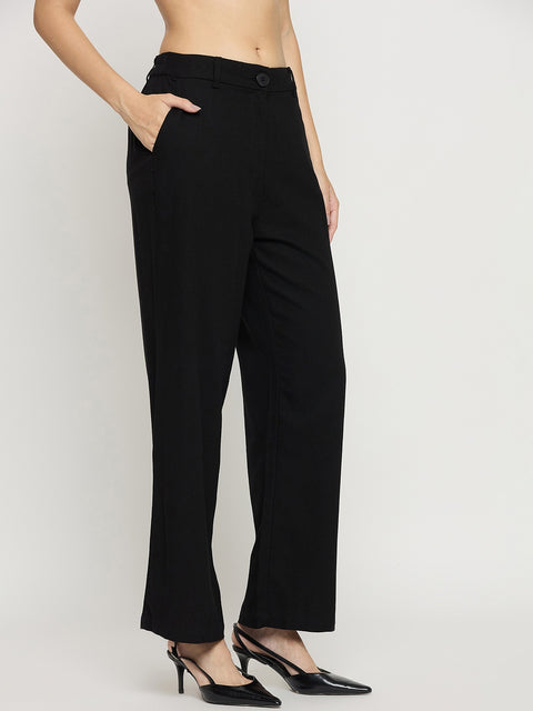 Madame Black Rayon Linen Straight Fit Ankle Trousers